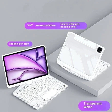 Versatile iPad keyboard cover with 360-degree rotation, silent buttons, and pen slot for enhanced productivity and style