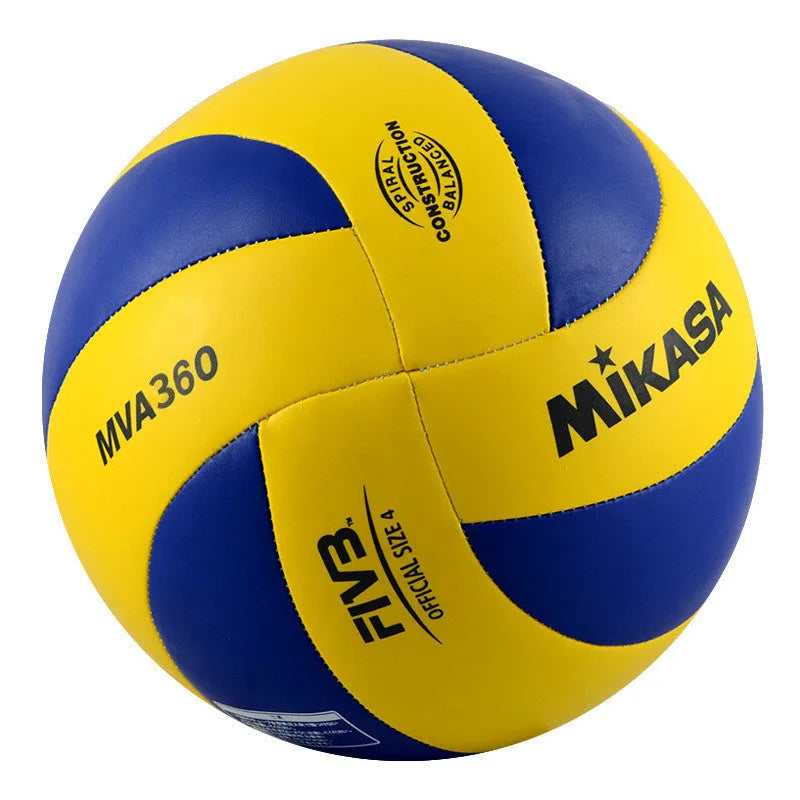 PU volleyball in size 4 or 5 with machine-sewn panels, available in MVA360 and MVA460 colours
