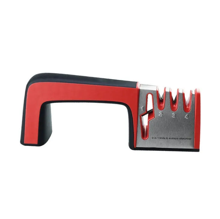 Black and cyan four-in-one kitchen knife sharpener with multiple sharpening rods on display