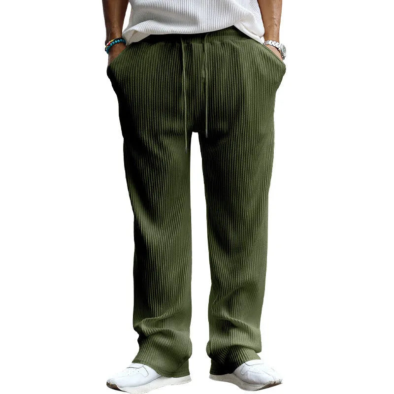 Men's casual loose striped high waist straight trousers in Army Green with micro elasticity