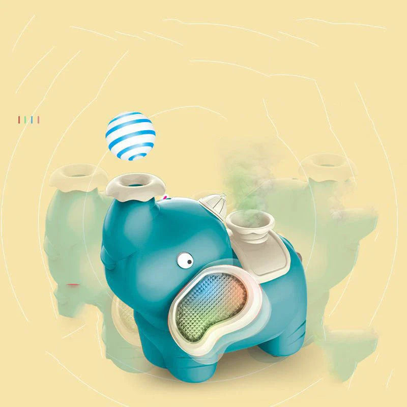 Colorful and interactive elephant-shaped toy with features like water spraying, light-up effects, and musical functions to engage and delight children