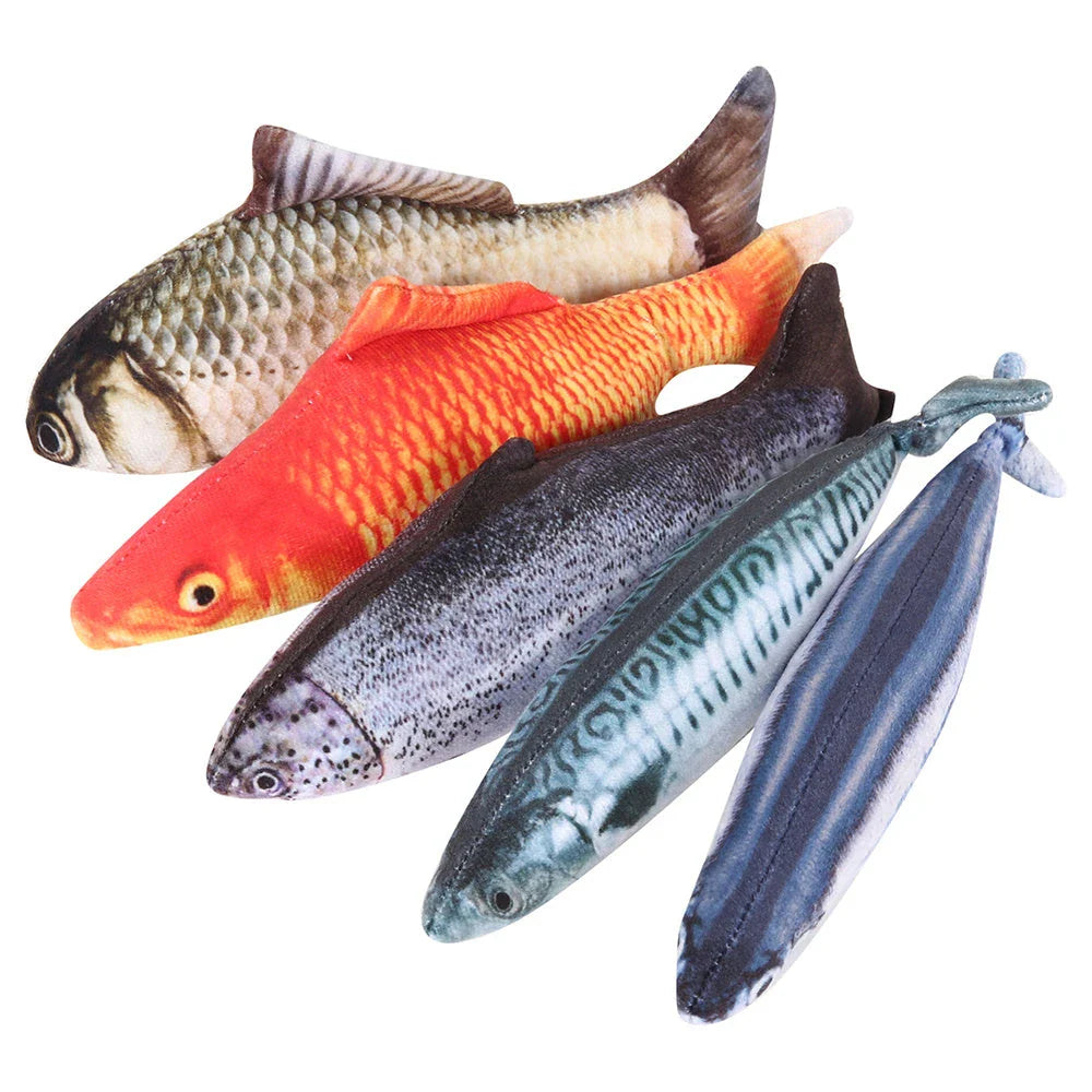 Soft, plush fish-shaped cat toy in vibrant colors with realistic design and construction