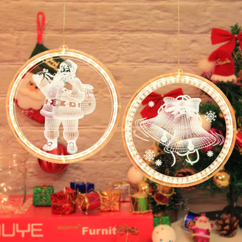 Elegant 3D hanging Christmas lamp with various festive designs, including bells, snowflakes, and Christmas trees.