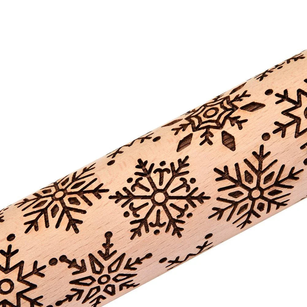 Beautifully engraved Christmas snowflake-patterned rolling pin for creating intricate designs on cookies, pastries, and soft candies