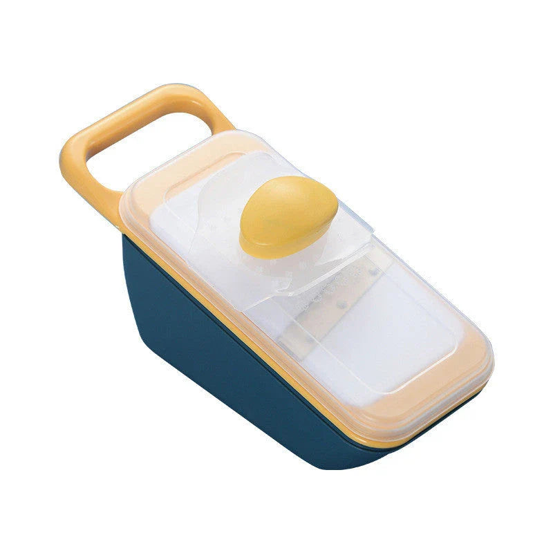 5-in-1 multifunctional vegetable cutter with non-slip silicone grip, featuring stainless steel blades and a drainable base for efficient food preparation