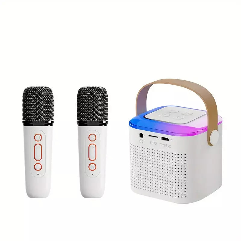 Bluetooth karaoke machine with two wireless microphones and RGB lighting