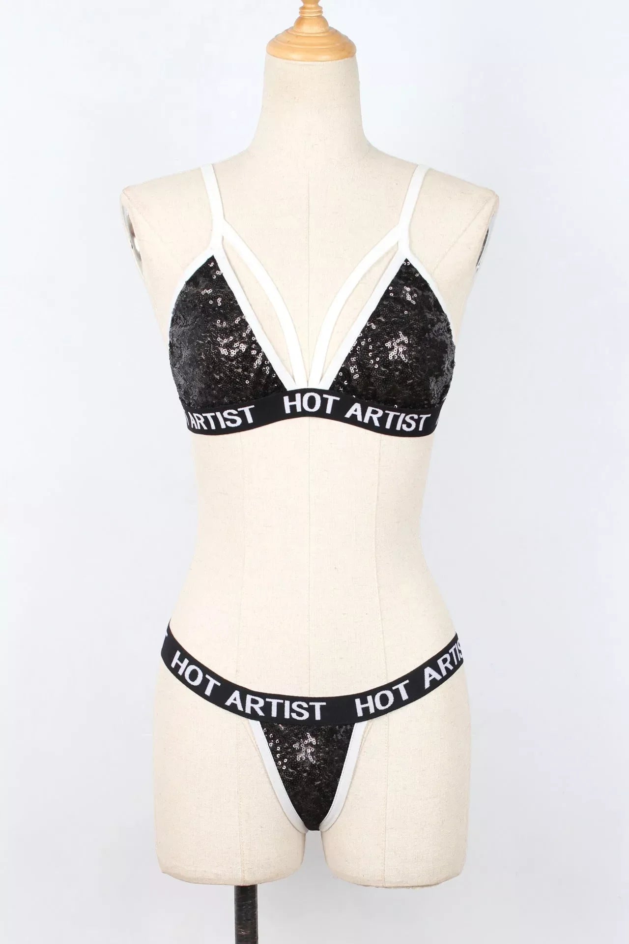 Ladies Fashion Sequin Lingerie Bikini Set in silver and black