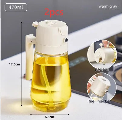 470ml glass olive oil sprayer and pour bottle with ergonomic handle in beige, yellow, green, and black colour options.