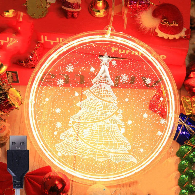 Elegant 3D hanging Christmas lamp with various festive designs, including bells, snowflakes, and Christmas trees.