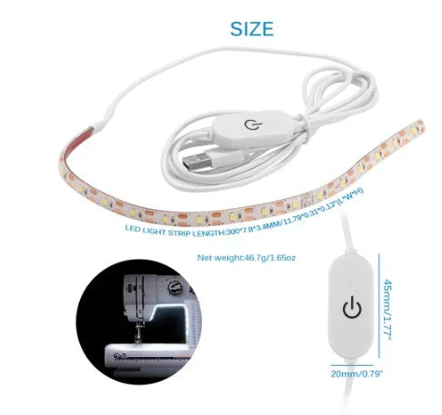 Adjustable sewing machine LED light bar with touch-sensitive dimming controls for customizable illumination