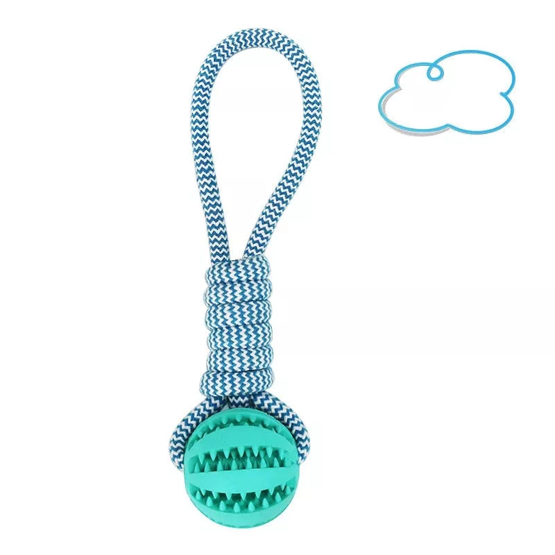Interactive dog chew toy with rubber ball and cotton rope for dental health