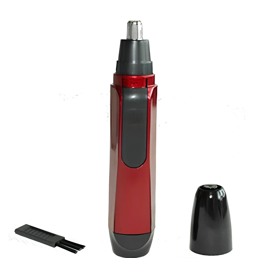 Electric nose hair trimmer with blue rubberised grip and stainless steel cutting head