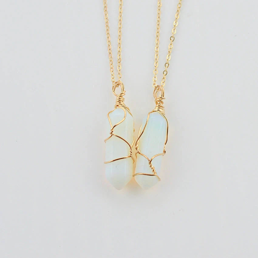 Geometric hexagonal quartz pendant necklace in various colors with copper wire and gold chain