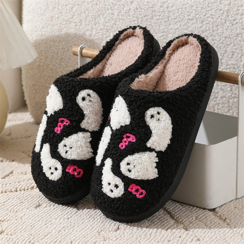 Cozy Halloween ghost slippers for women with soft cotton construction and non-slip rubber soles