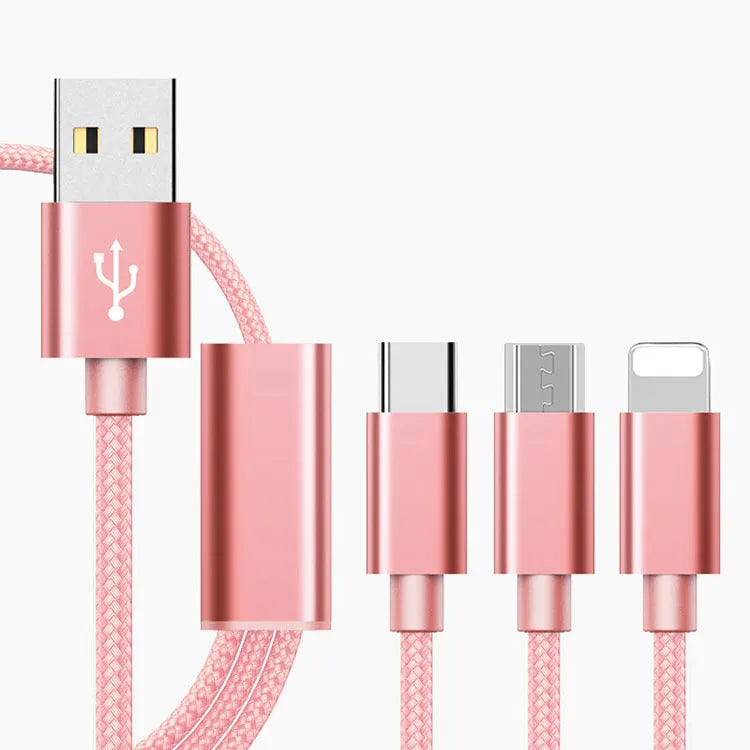 Three-in-one mobile phone charging cable in multiple colours with a 1.2m length.