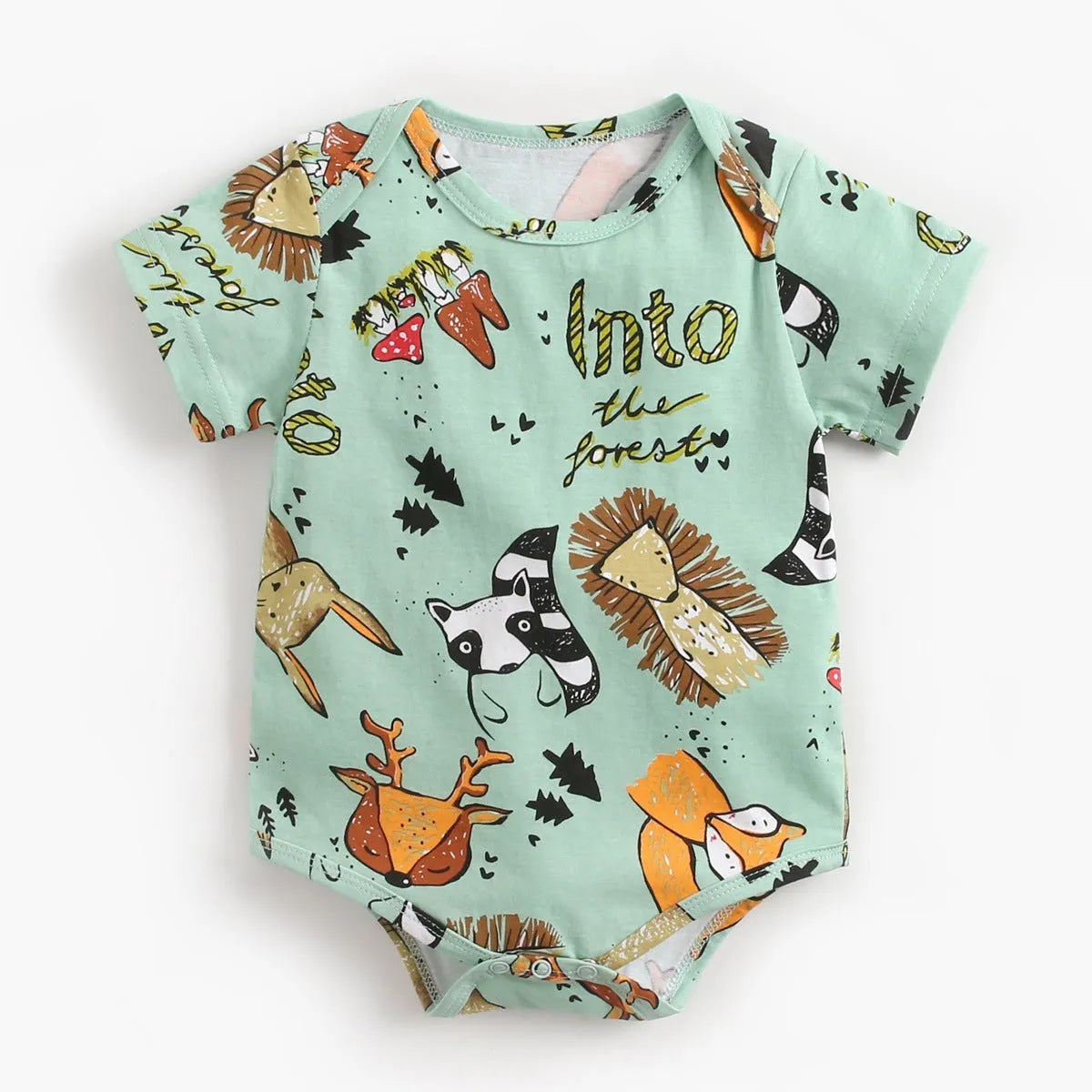 100% cotton short sleeve baby bodysuit in green animal forest print, sizes 0-6m to 2-3T