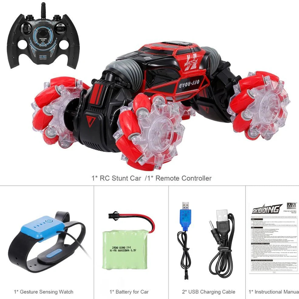 Red 4WD RC stunt car performing sideways drift with LED lights illuminated, showing gesture remote control