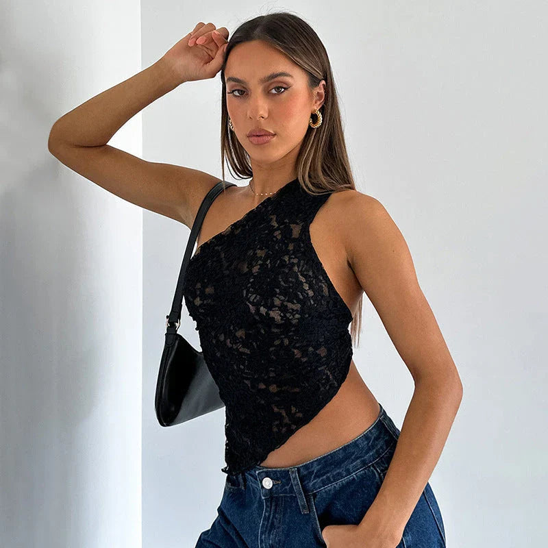 A stylish backless lace top in various colors with an asymmetrical sloped neckline and waistless design, perfect for summer streetwear fashion.