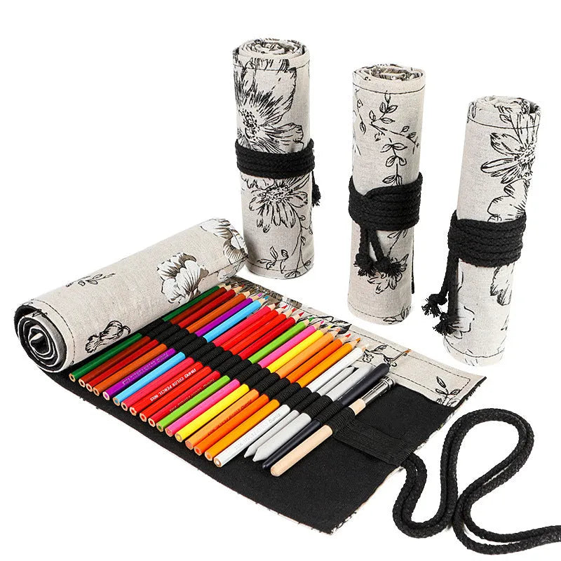 Black peony floral print canvas pencil roll bag open to show 24 or 72 pencil slots.