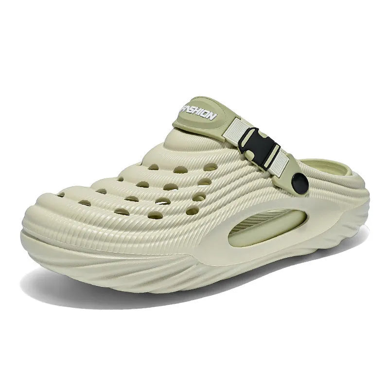 Men's solid colour casual platform slippers in EVA with a hollow-out design.