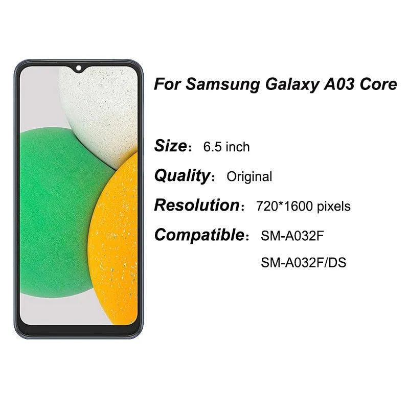 Samsung A03 Core mobile phone LCD screen assembly replacement part showing framed and frameless options