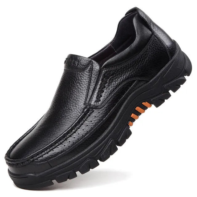 Black and brown leather slip-on business casual shoes with rubber outsole, sizes 38-44