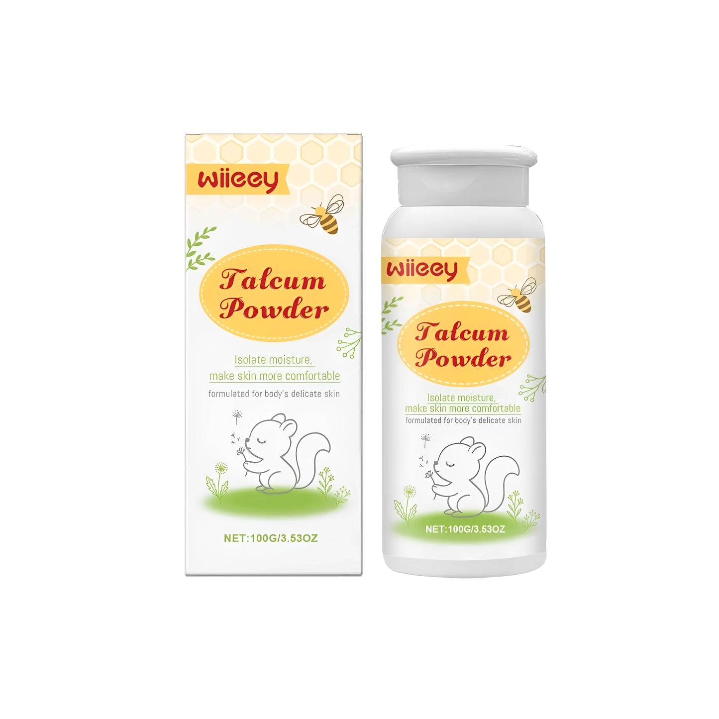 100g container of talcum powder with honeysuckle flower extract.