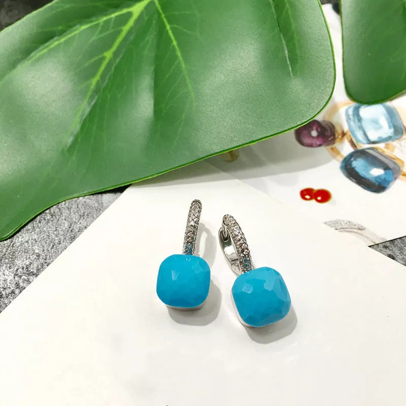 Platinum plated candy color earrings with zircon crystals in geometric design