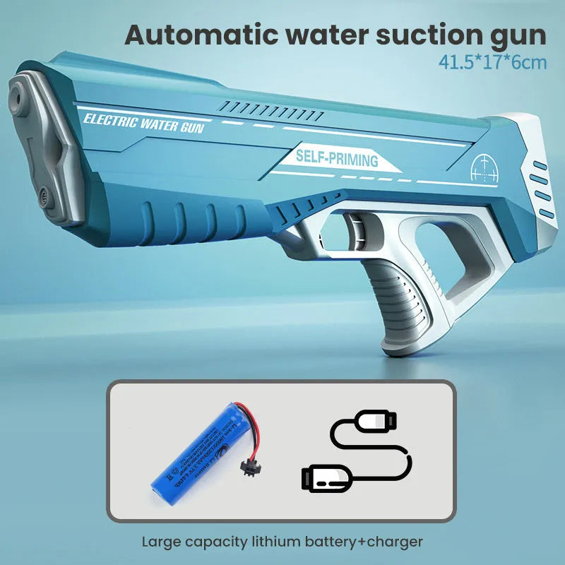 Blue automatic electric water gun with USB charging port and anti-skid grip handle.