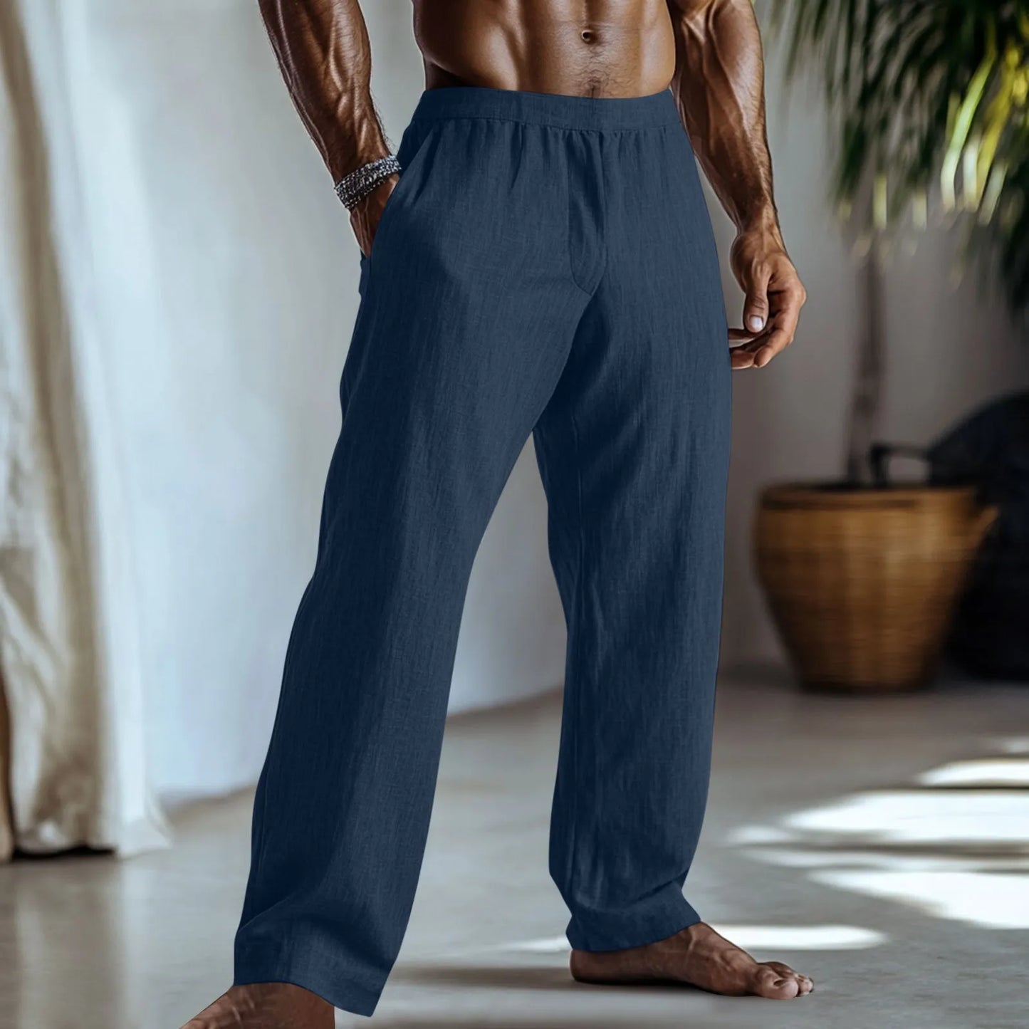 Straight-leg casual trousers in a cotton linen blend fabric shown in a solid colour.