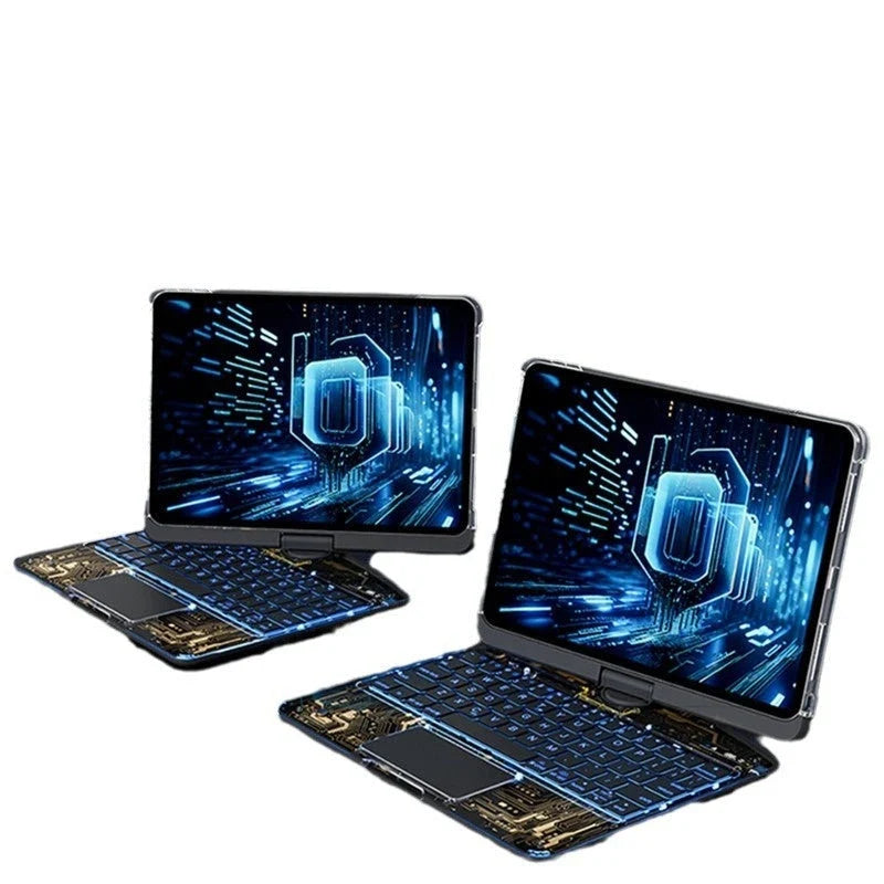 Versatile iPad keyboard cover with 360-degree rotation, silent buttons, and pen slot for enhanced productivity and style