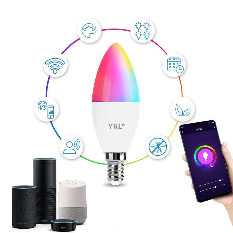 Smart WiFi RGBCW dimmable LED bulb with voice control for home lighting and decor