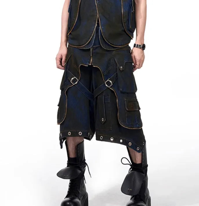 Blue hooded denim vest coat with front zip worn with matching trousers in a two-piece set.