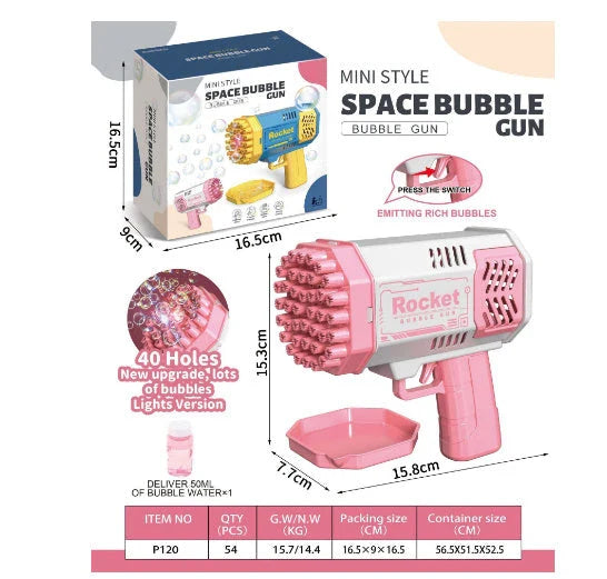 Powerful 69-hole bubble blasting rocket launcher with colorful LED lights for endless bubble-popping fun