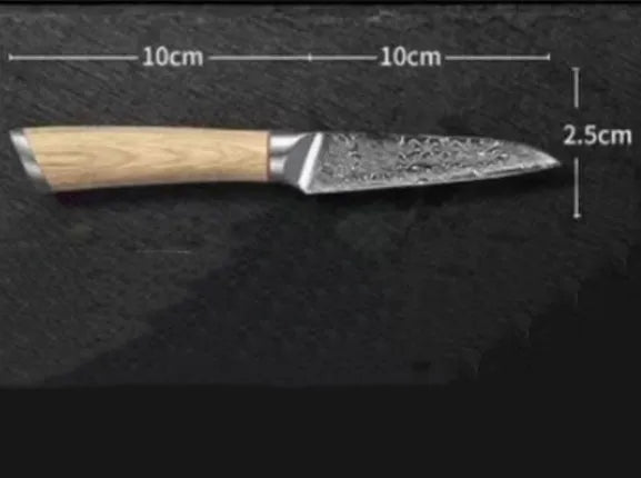 Damascus pattern kitchen knife set with eight stainless steel blades in various sizes