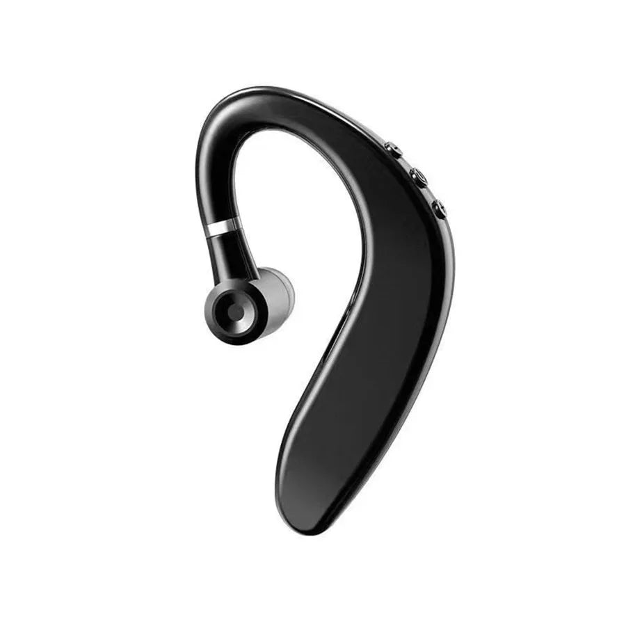 Wireless Bluetooth clip-on headset in piano black, plastic body, 10m range, noise reduction, 8+ hour battery.