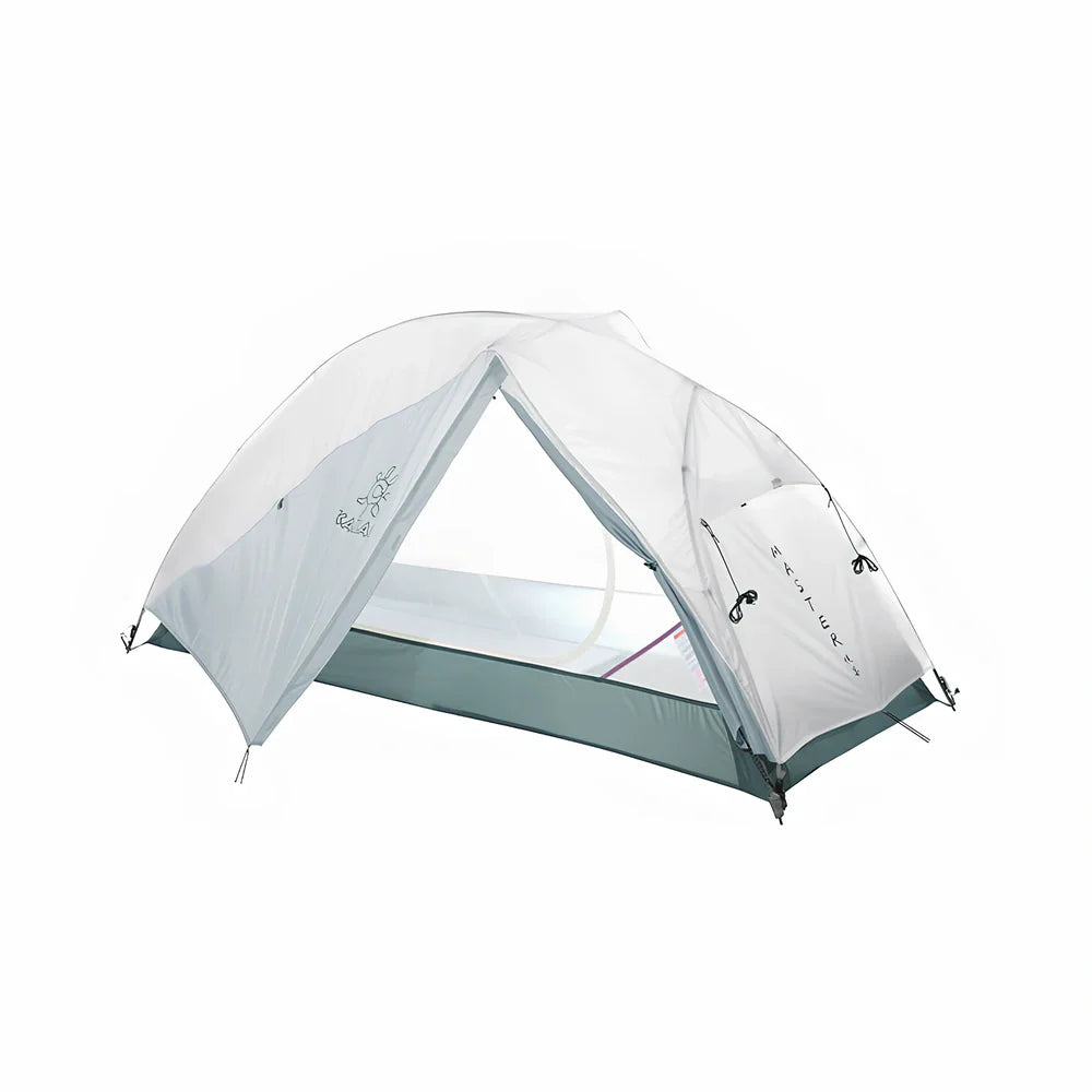 White double-layer camping tent with aluminium frame, side ventilation windows, and waterproof bottom