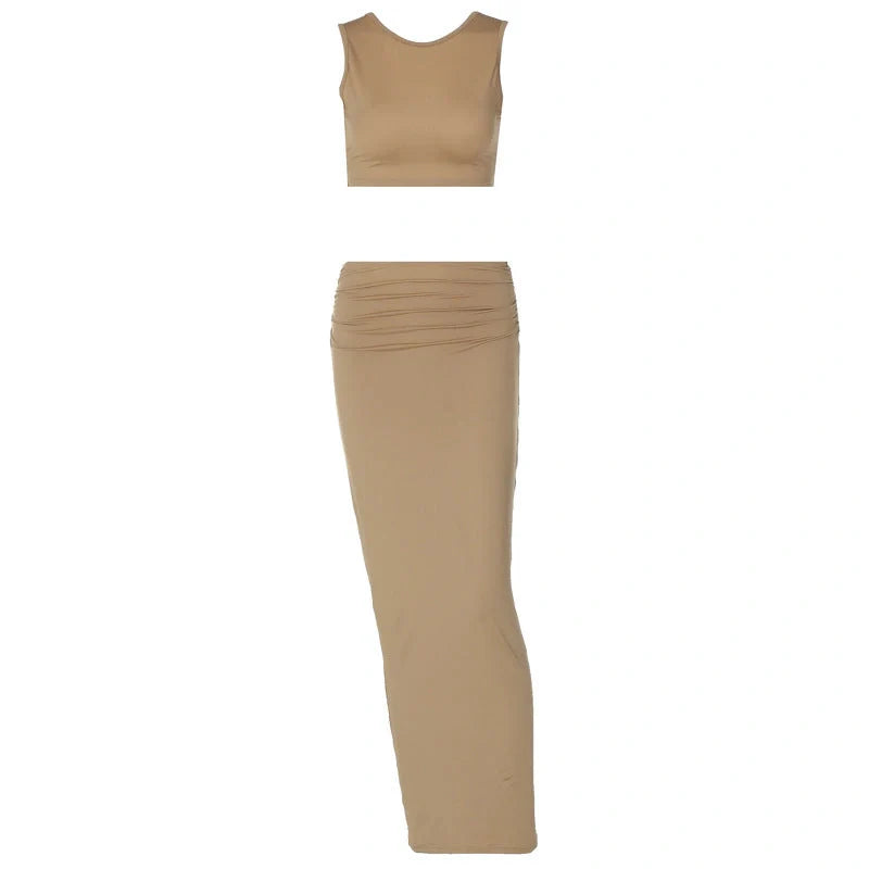 Stylish two-piece matching set with a chic tank top and flowing long skirt in a solid khaki color