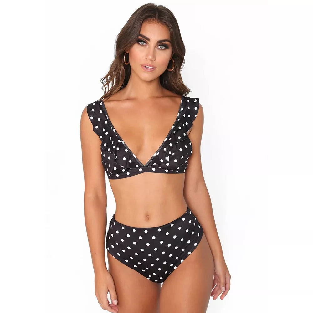 Black and white polka dot print bikini set with ruffled deep V-neck, perfect for summer beach outings