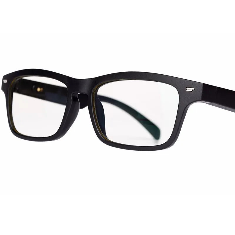 Smart glasses with semi-open Bluetooth audio, anti-blue light lenses, and IPX7 waterproof rating on a person