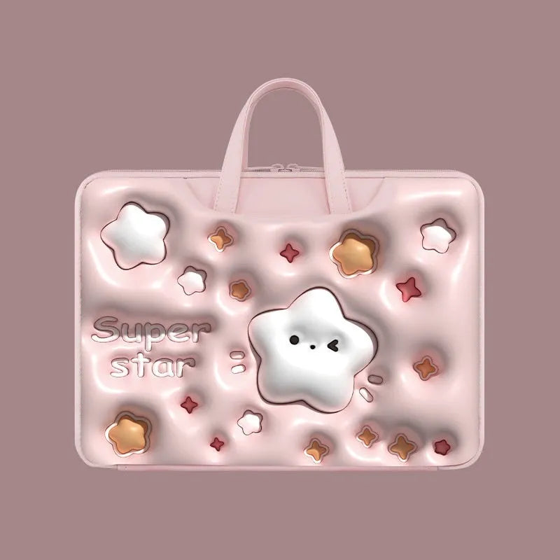 PU leather inflatable laptop bag with strap, shown in a cartoon pattern design, hanging from a suitcase handle.