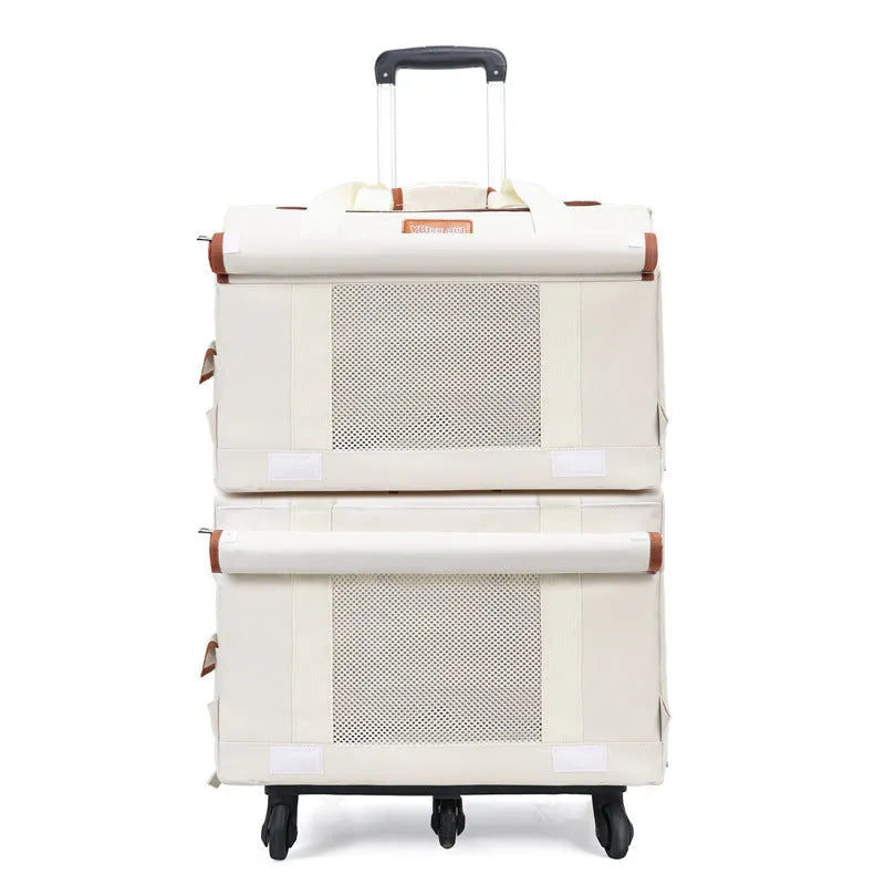 Double-deck pet trolley bag in nylon with 18L capacity for cats and small pets, shown in brown, green, white, or yellow