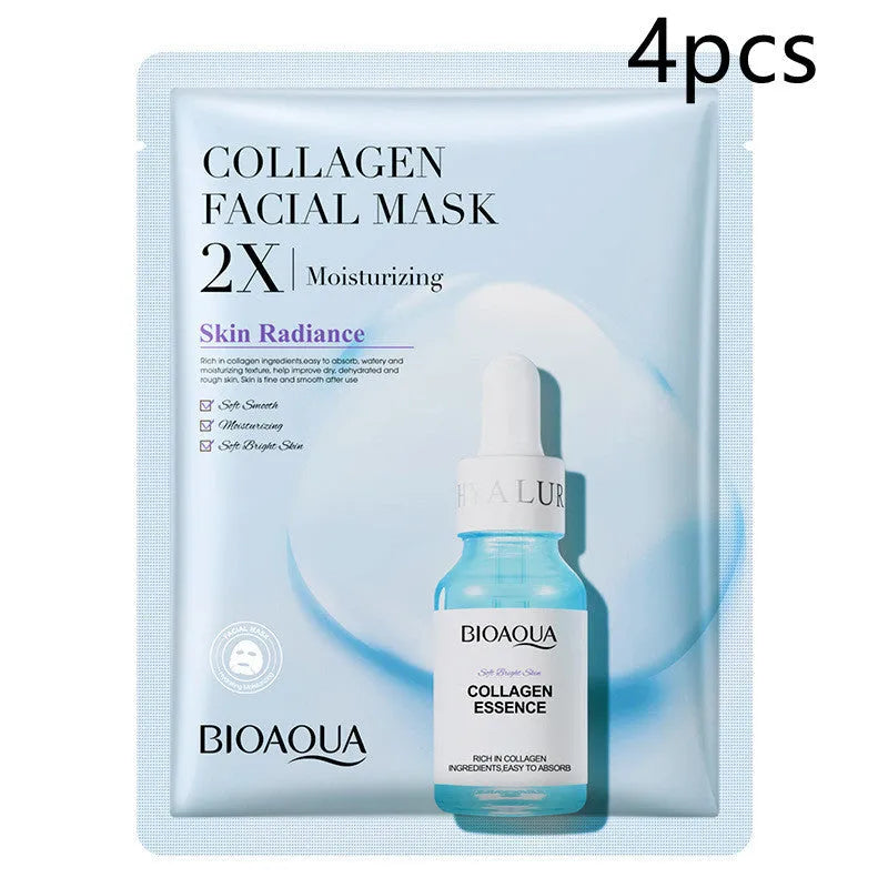 Collagen and hyaluronic acid facial sheet mask set with four variant packages showing 30g gel masks