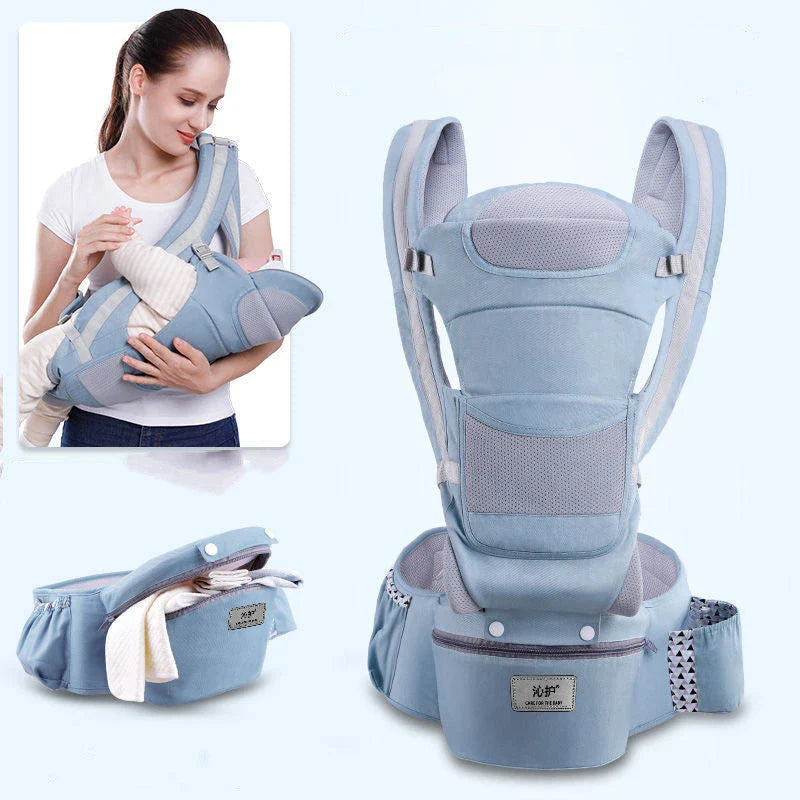 3-in-1 ergonomic baby carrier with multiple carry options, including front-facing and hip-hugging, designed for newborns to toddlers
