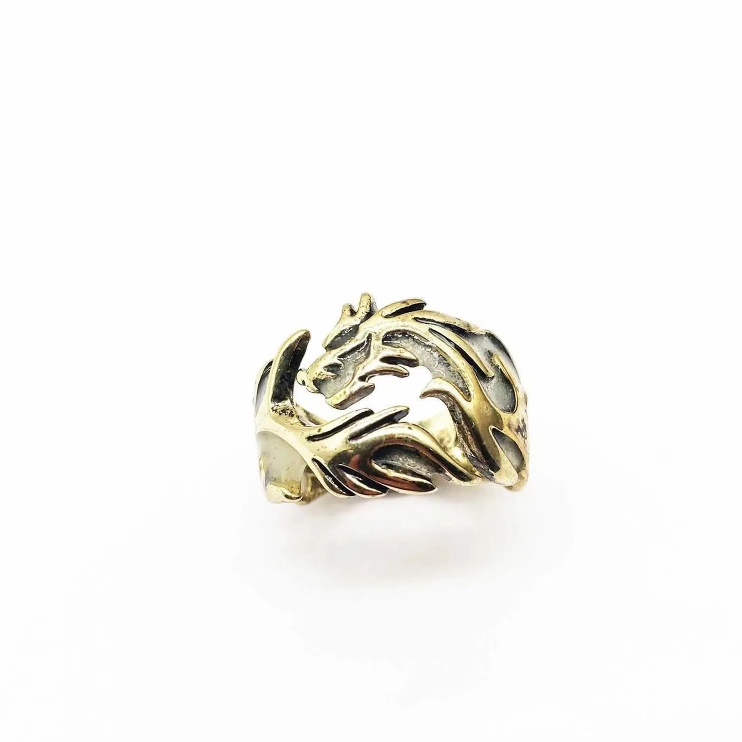 Adjustable Chinese style metal ring with a luminous dragon pattern in antique blue and green.