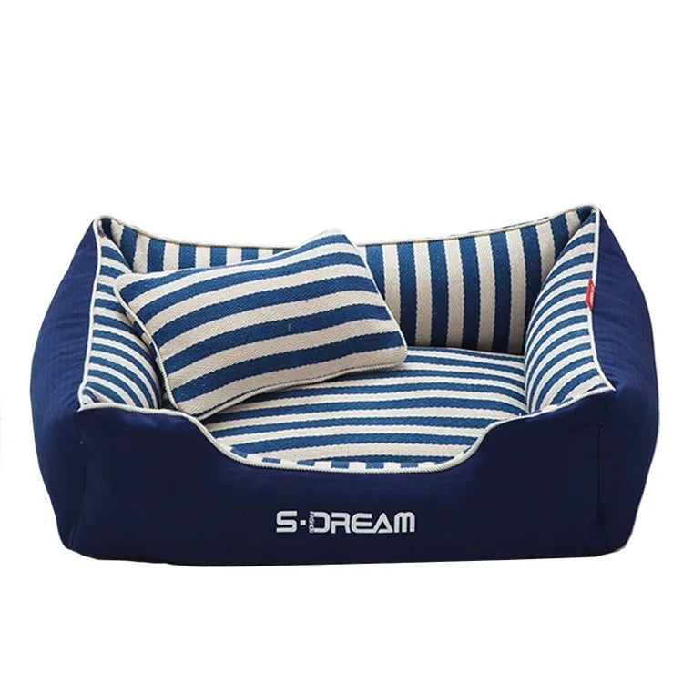 Navy striped removable dog kennel mat with a matching mini pillow, shown in blue and red colour options.