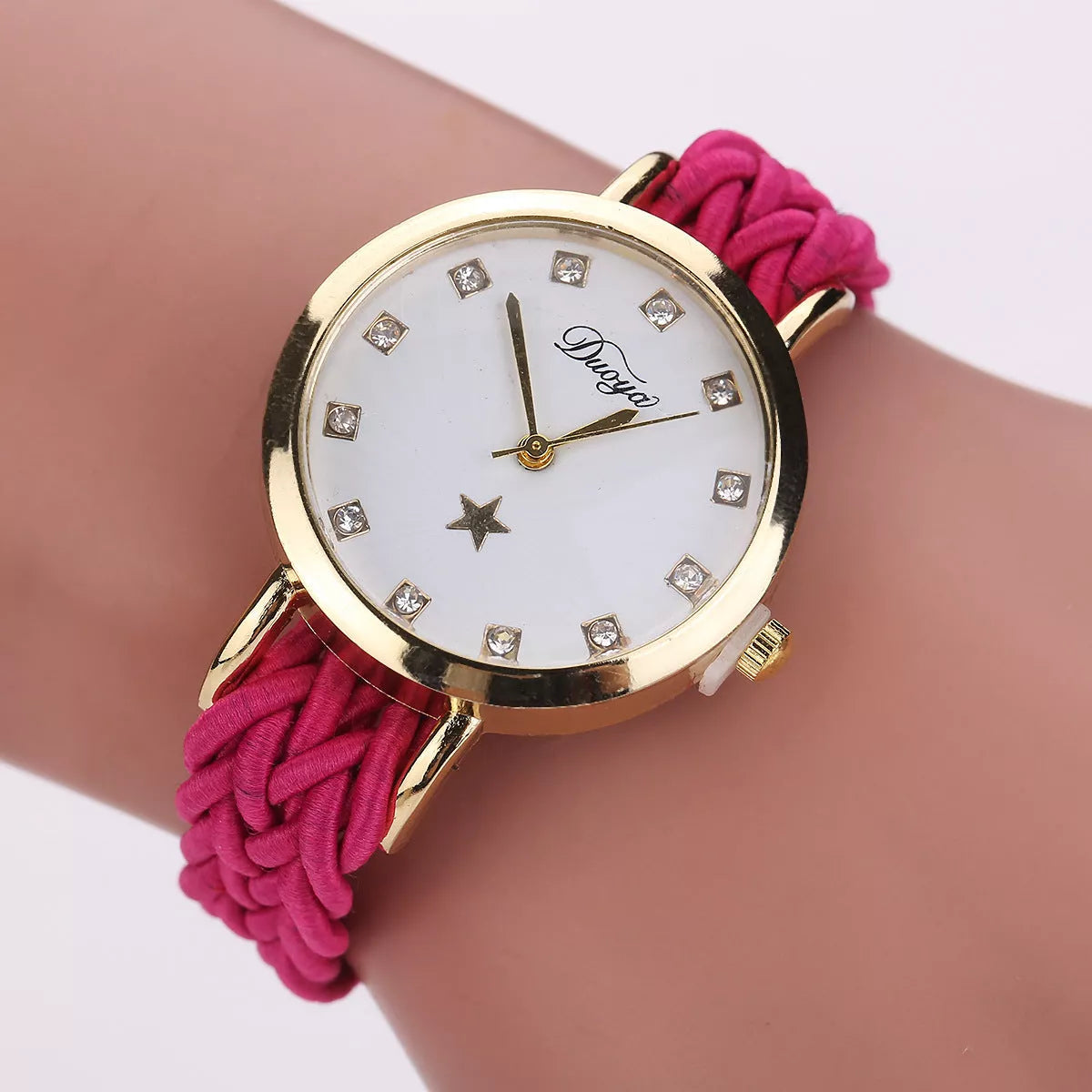 Multicolor woven ladies watch with quartz movement and durable fabric strap