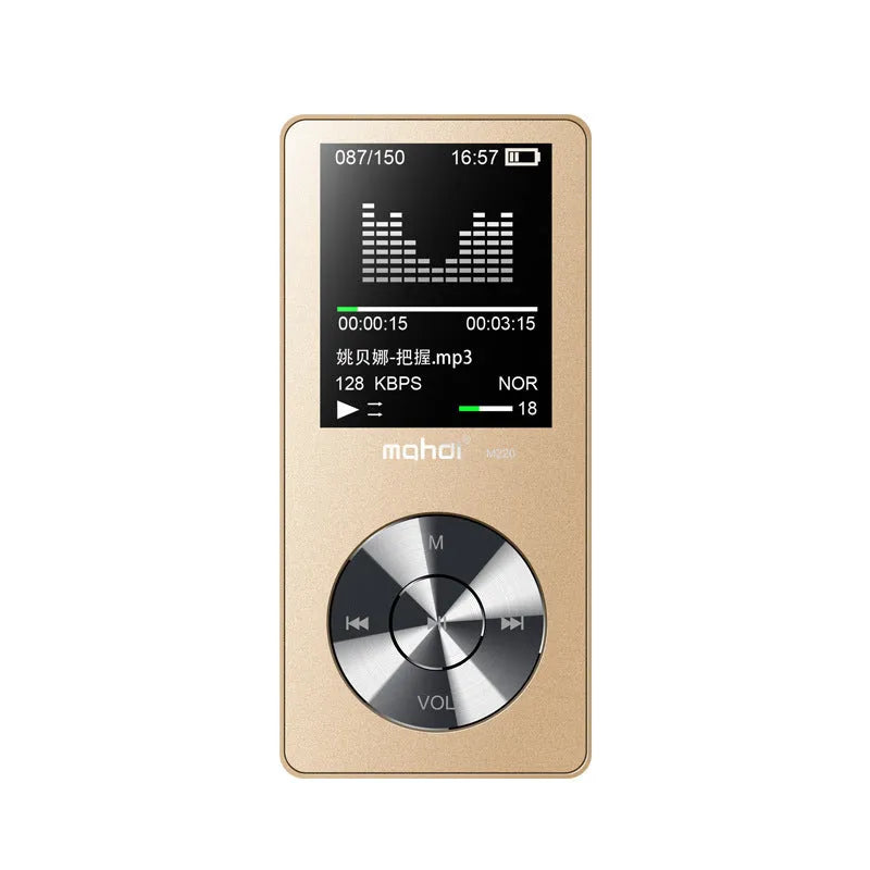 Compact silver metal MP3 music player with 1.8-inch screen showing music menu, beside headphones.