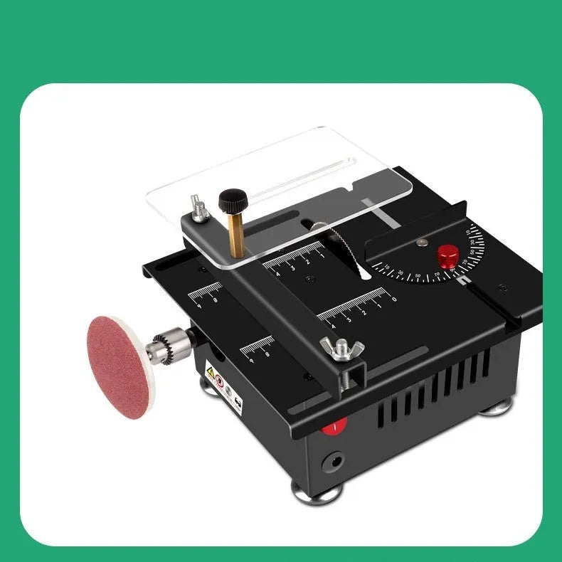 Lithium-ion battery-powered handheld desktop saw with metal body on a workbench.