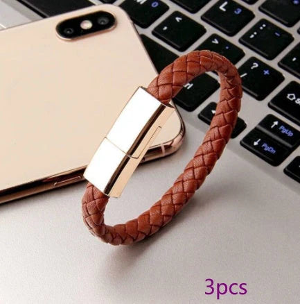 Stylish bracelet charging cable with premium leather and zinc alloy construction, compatible with iPhones, Android, and USB-C devices